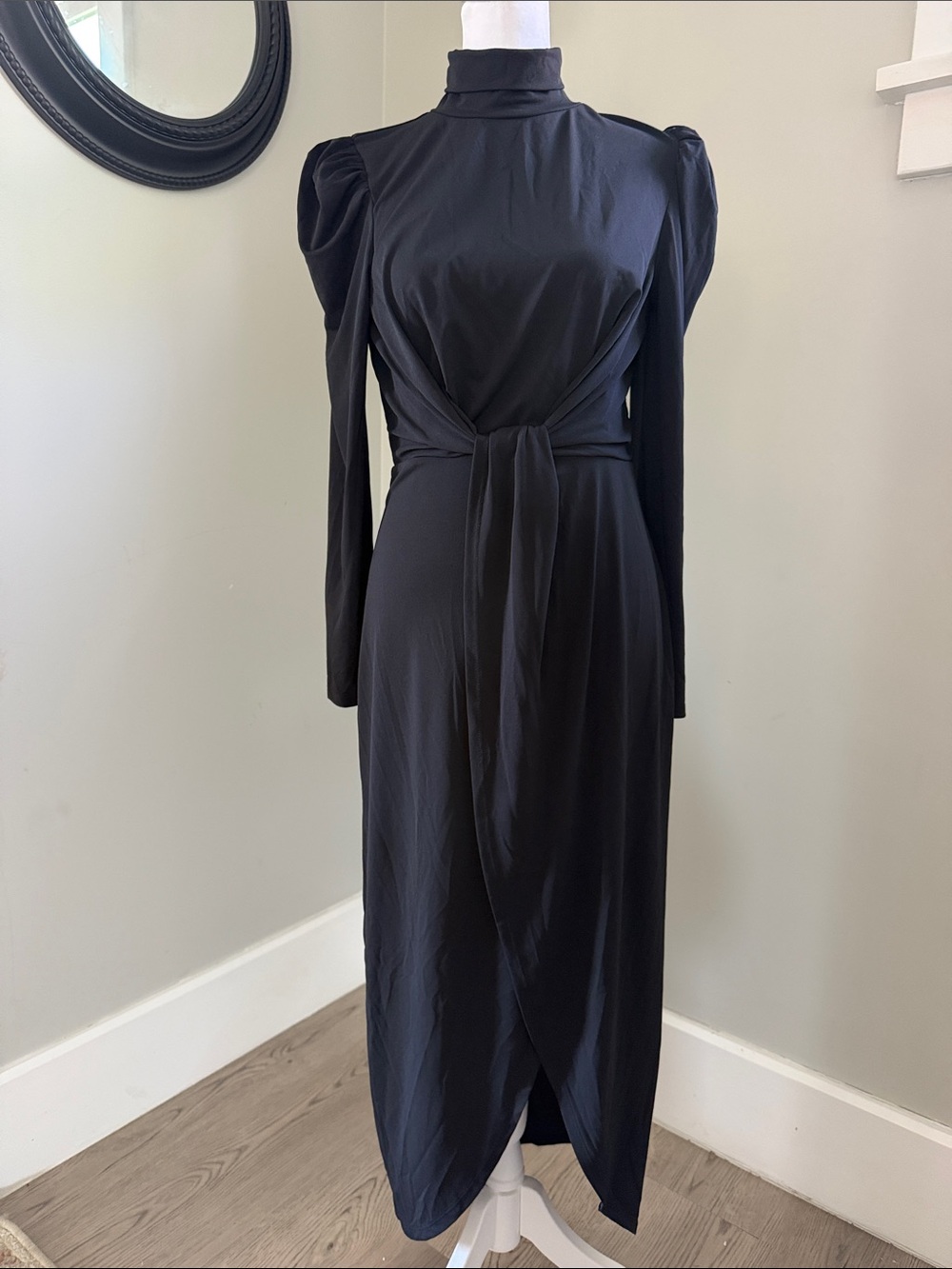 Express Black High-Neck Long-Sleeve Wrap Midi Dress